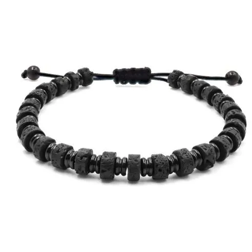 Bracelet acier PVD noir - disques pierre de lave
