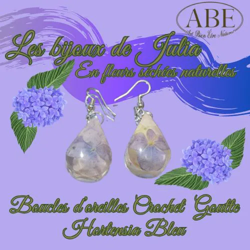 Boucles Crochet Argenté Gouttes Hortensia Bleu 