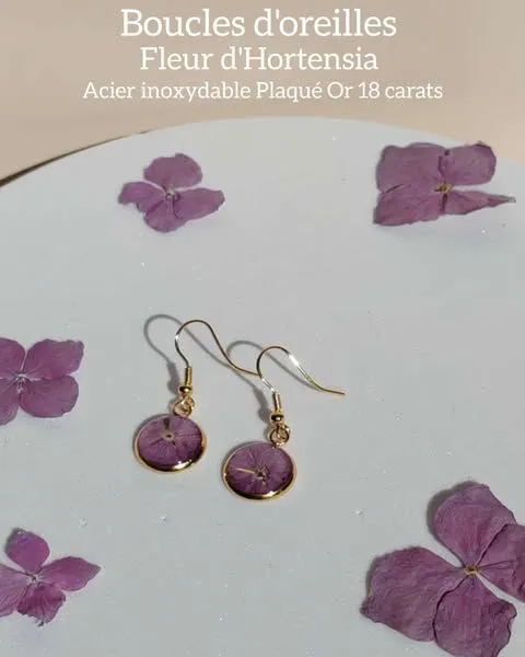 Boucle Crochet Doré- Fleurs d'Hortensia Violette