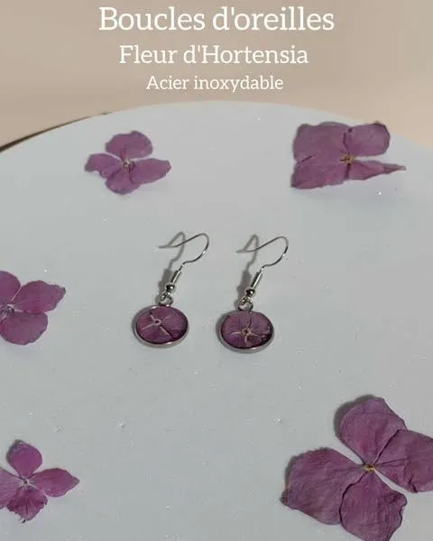 Boucle Crochet Arg- Fleurs d'Hortensia Violette