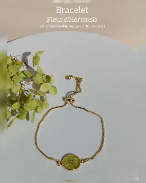 Bracelet Doré - fleur d'Hortensia verte