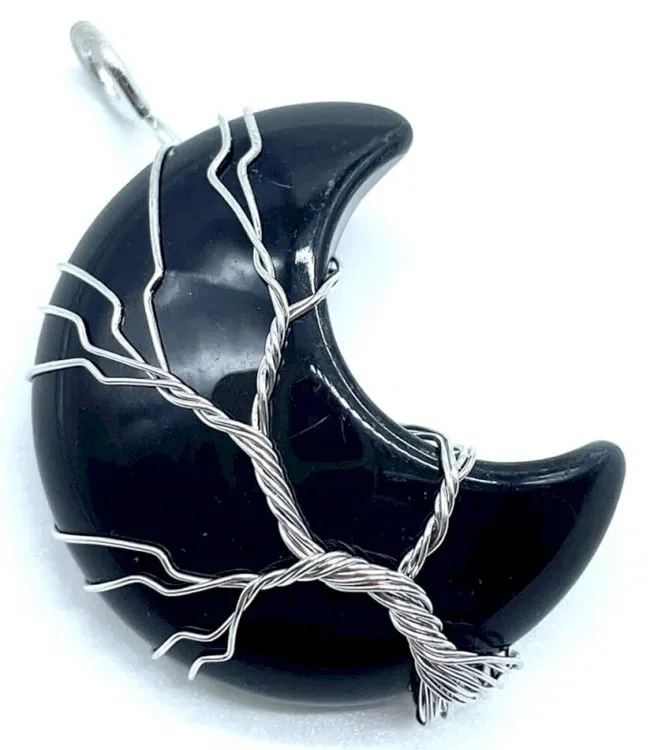 Pendentif Lune Arbre de Vie - Obsidienne Noire 3.5
